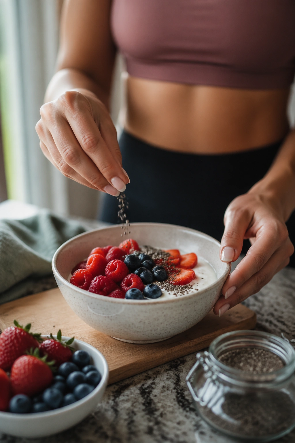 Close-up of a woman's hands assembling a post-workout yogurt berry chia snack
