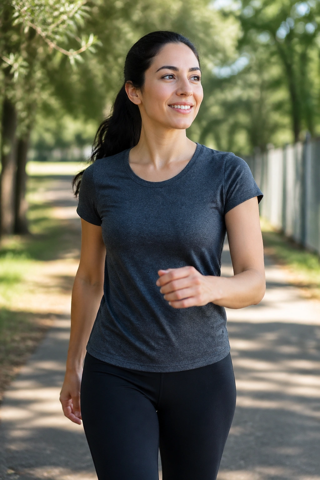 Real person walking after lunch on a park path, mid-stride in natural daylight