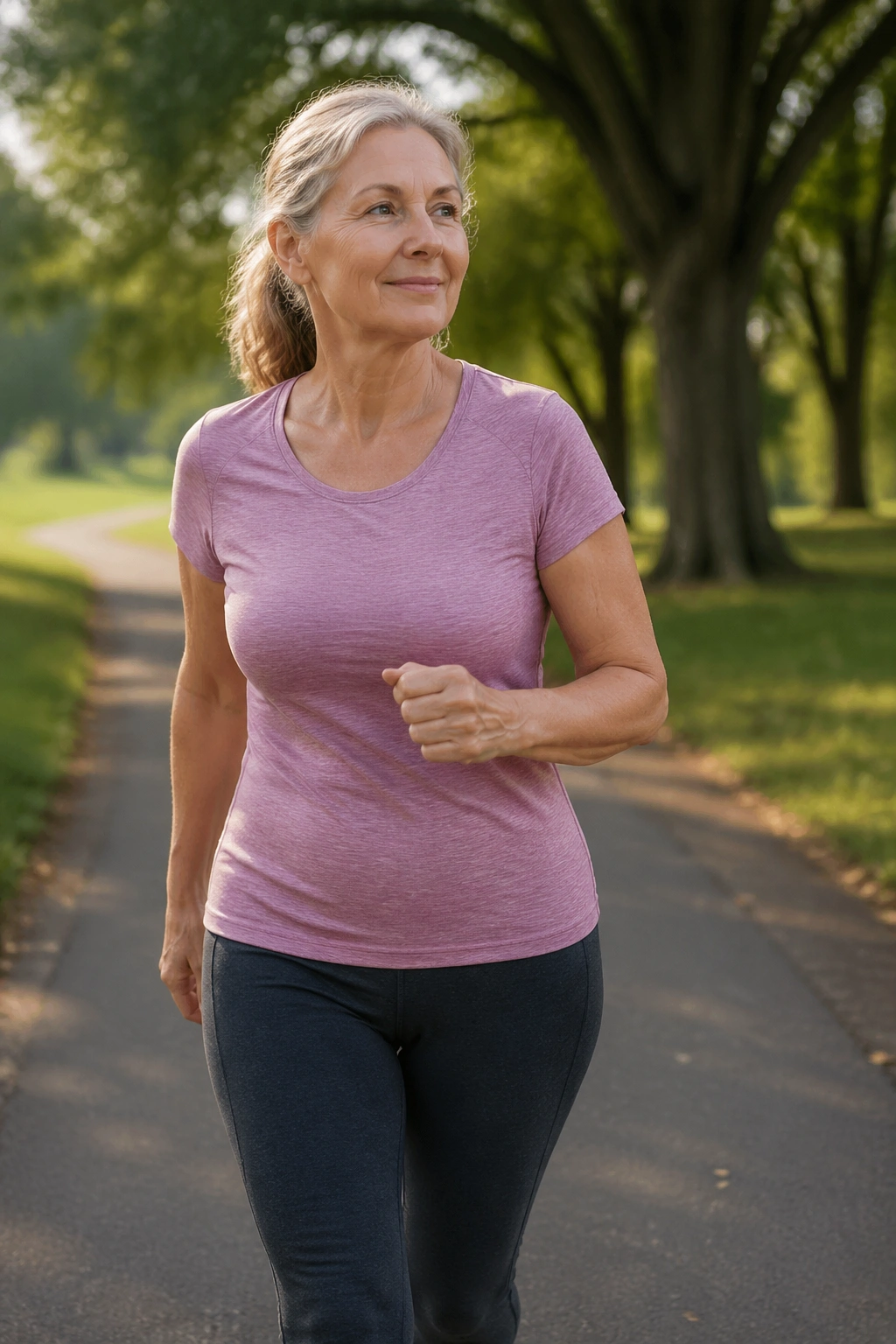 Woman walking after a meal in a park.