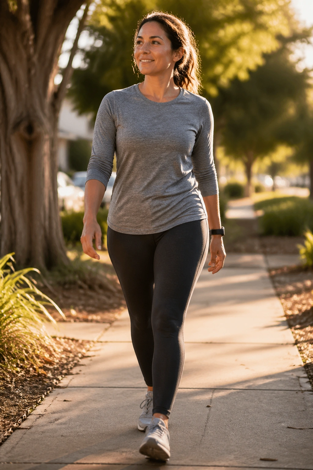Person walking after a meal on a sunny neighborhood street