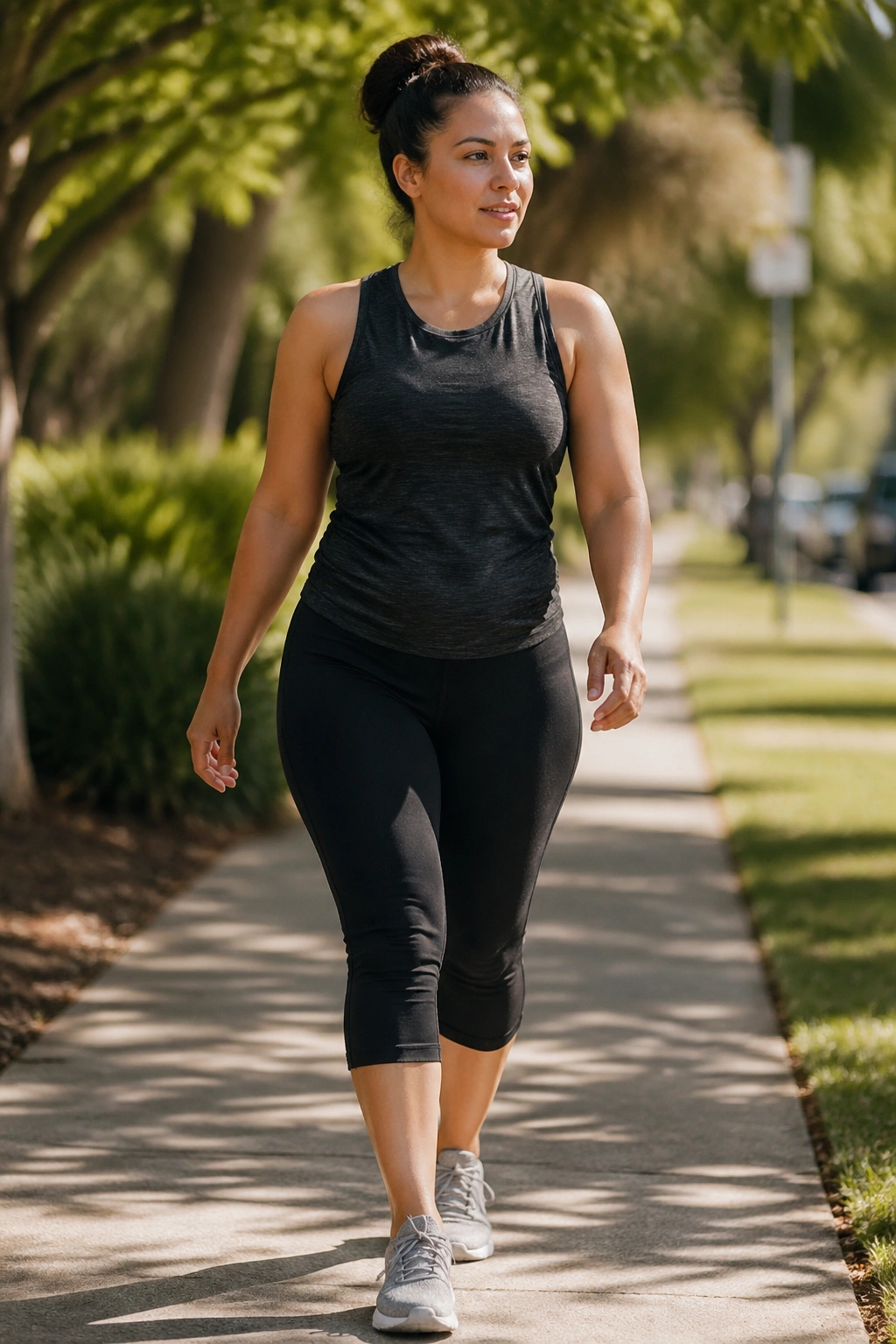 Real woman walking outdoors after a meal on a tree-lined path, illustrating post-meal walking for belly fat loss