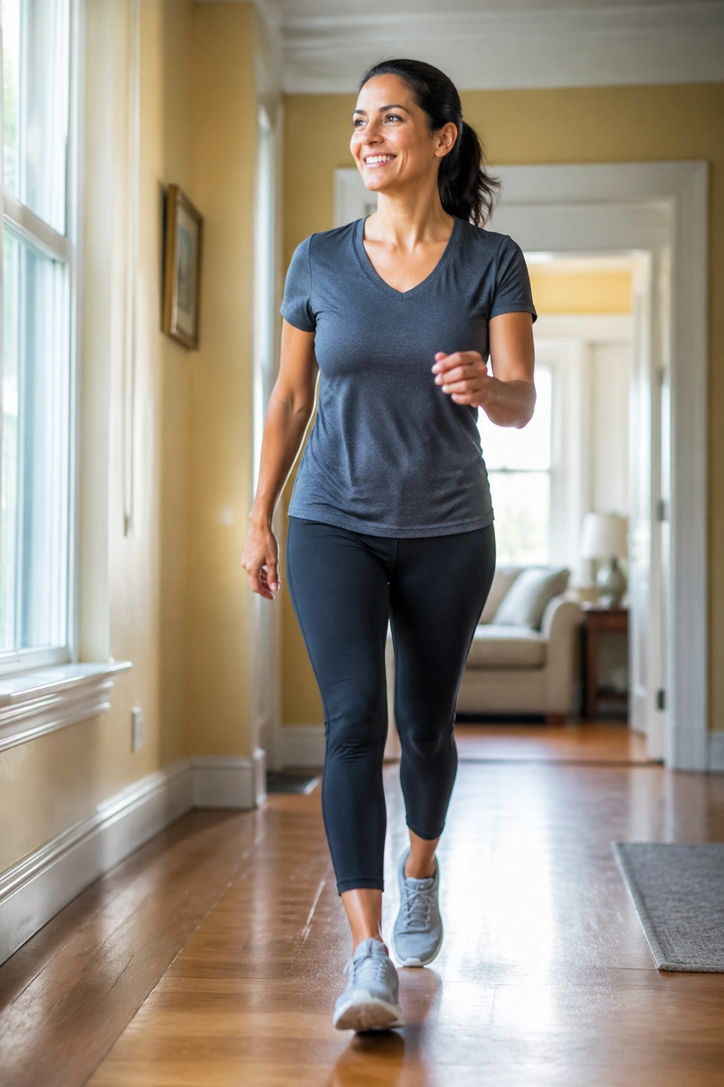 Woman walking briskly in a sunlit home hallway after a meal