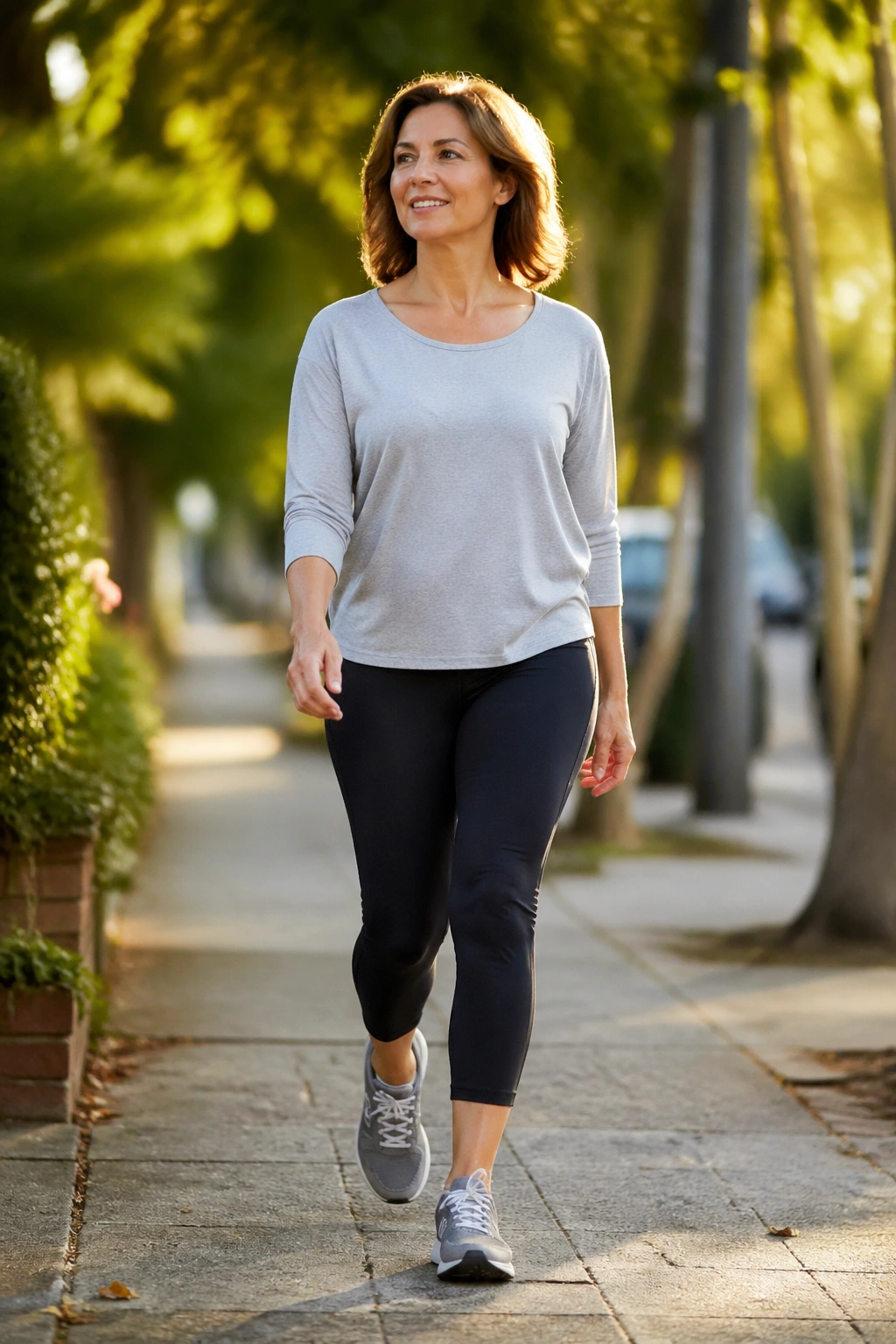 Real woman walking briskly on a tree-lined street after a meal