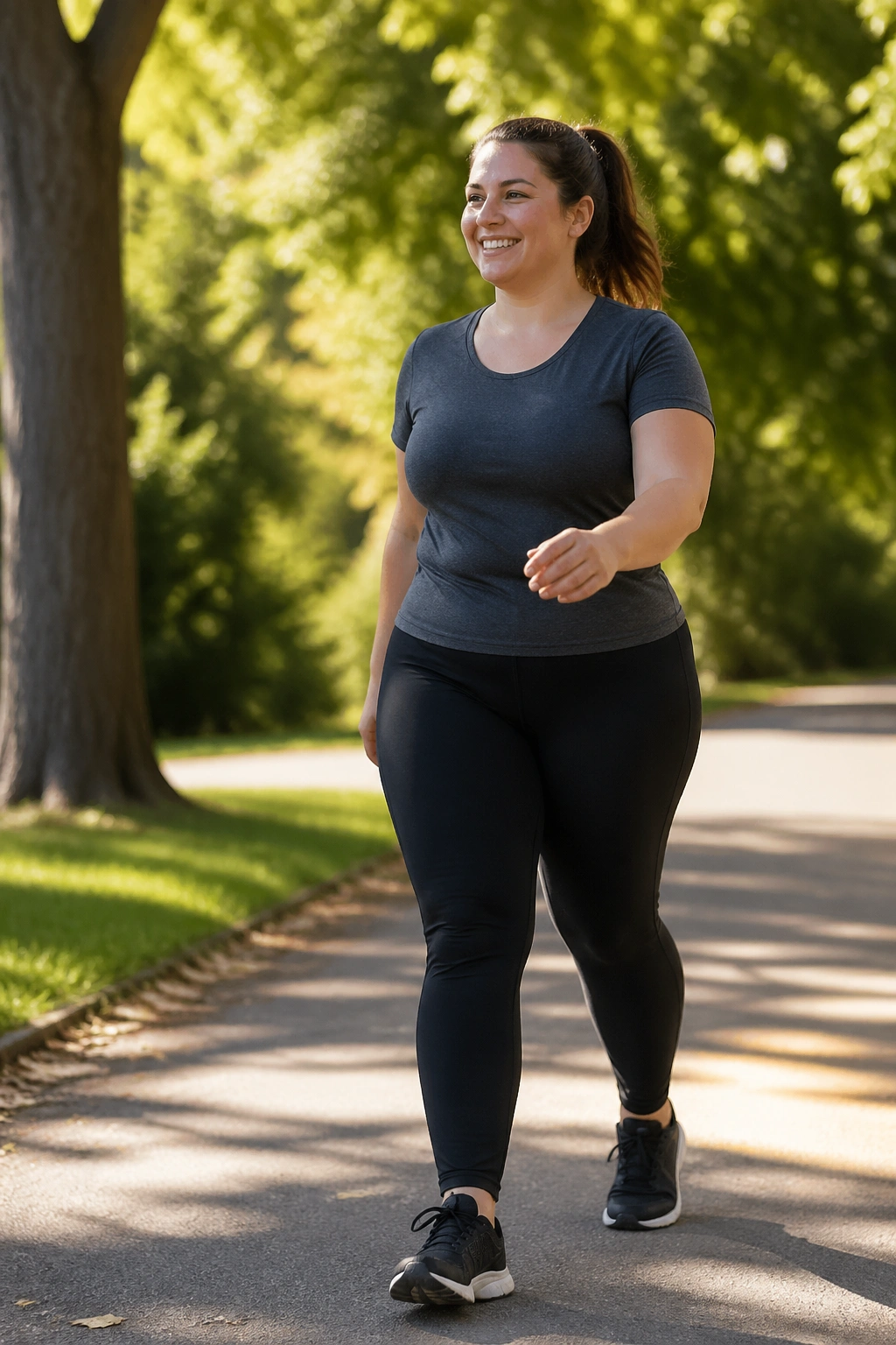 Person walking in park after a meal, demonstrating post-meal activity