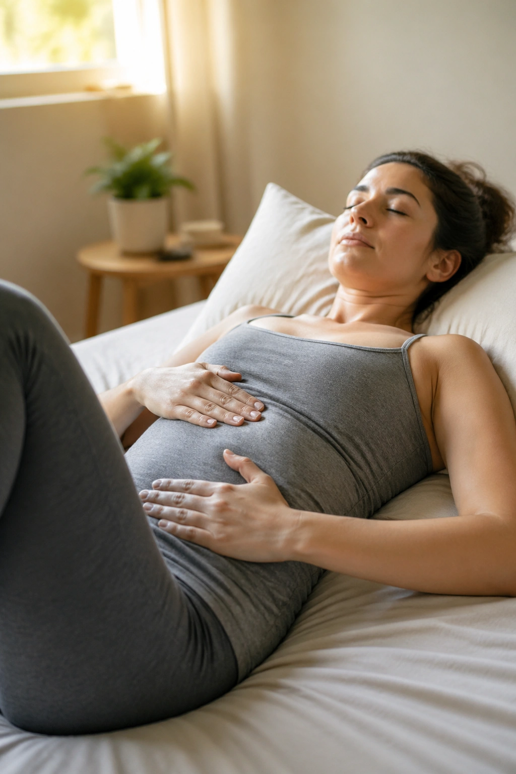 Close-up of a postpartum woman's torso showing rib expansion during 360 breathing.