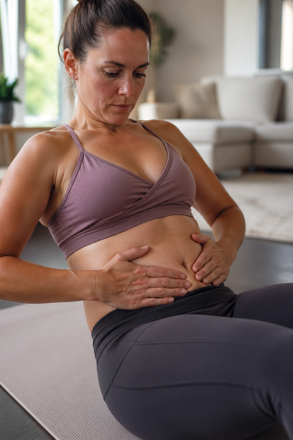 Postpartum woman demonstrates core activation on a yoga mat in a cozy living room