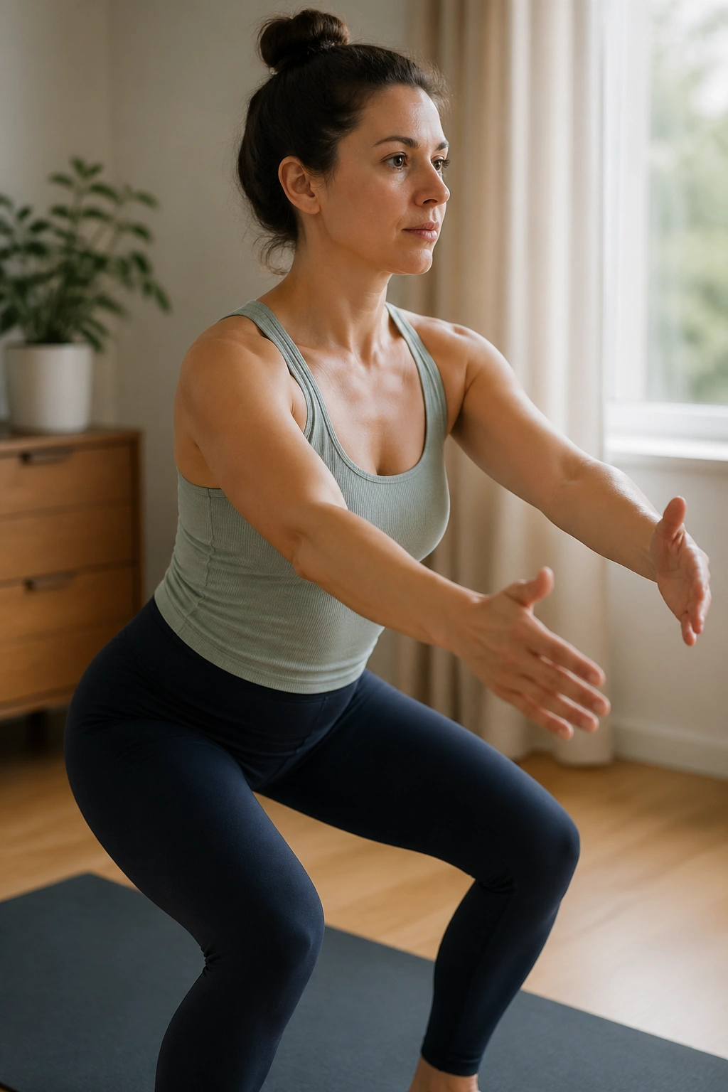 Mom performing a shallow squat with an arm sweep in a home setting