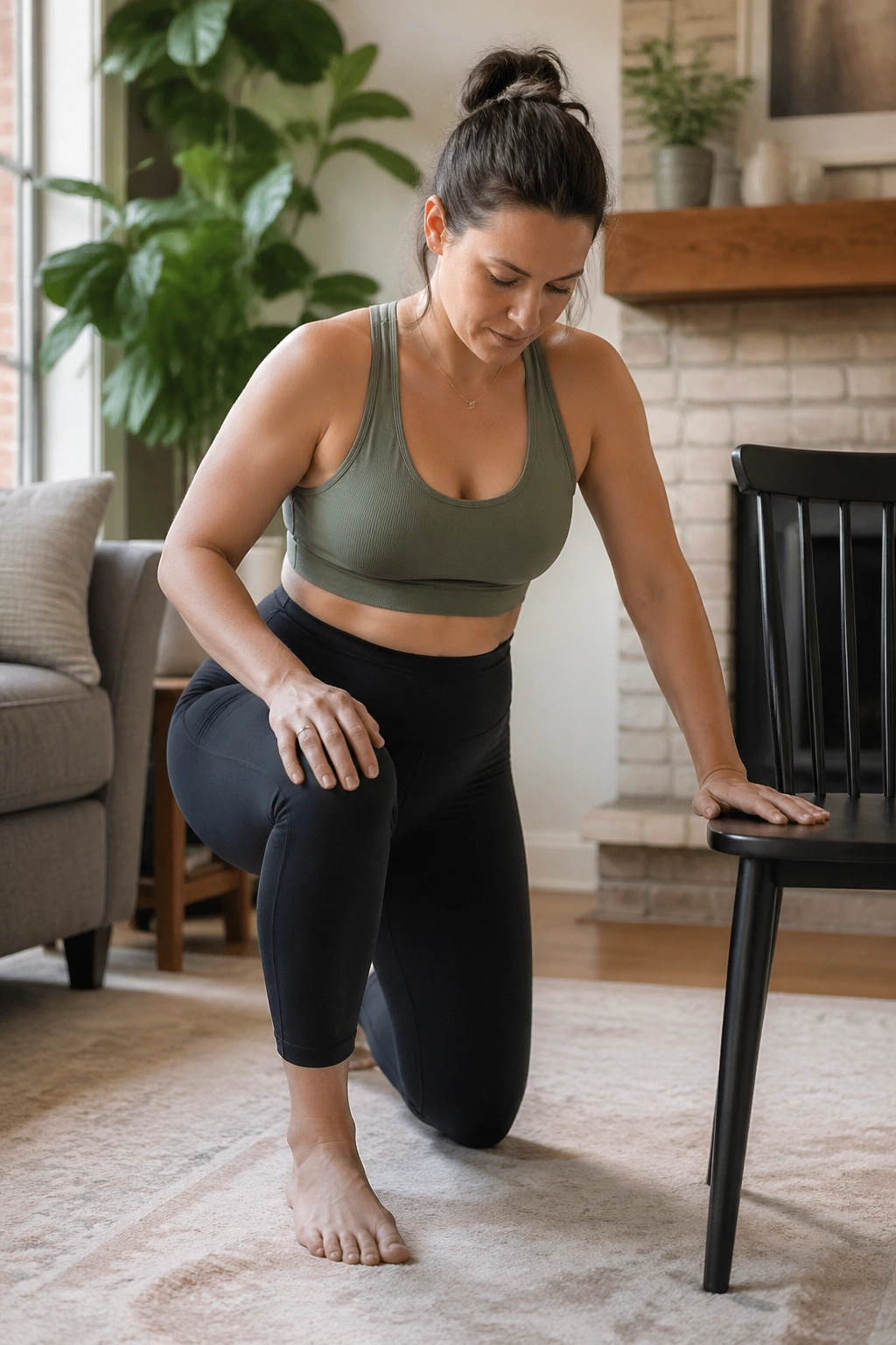 Postpartum woman transitioning from kneeling to standing with support