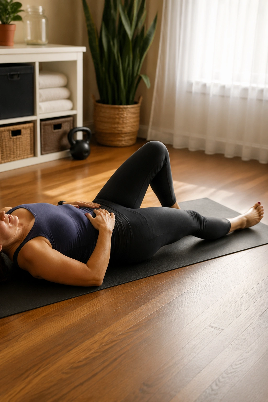 Woman performing heel slides with deep-core exhale on a mat