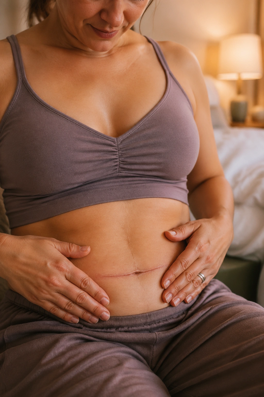 Close-up of a postpartum woman massaging her abdominal scar in a softly lit room