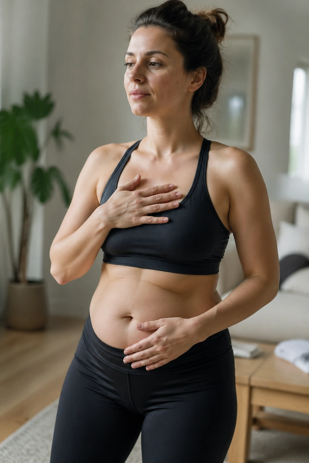 Postpartum woman preparing for gentle workouts at home