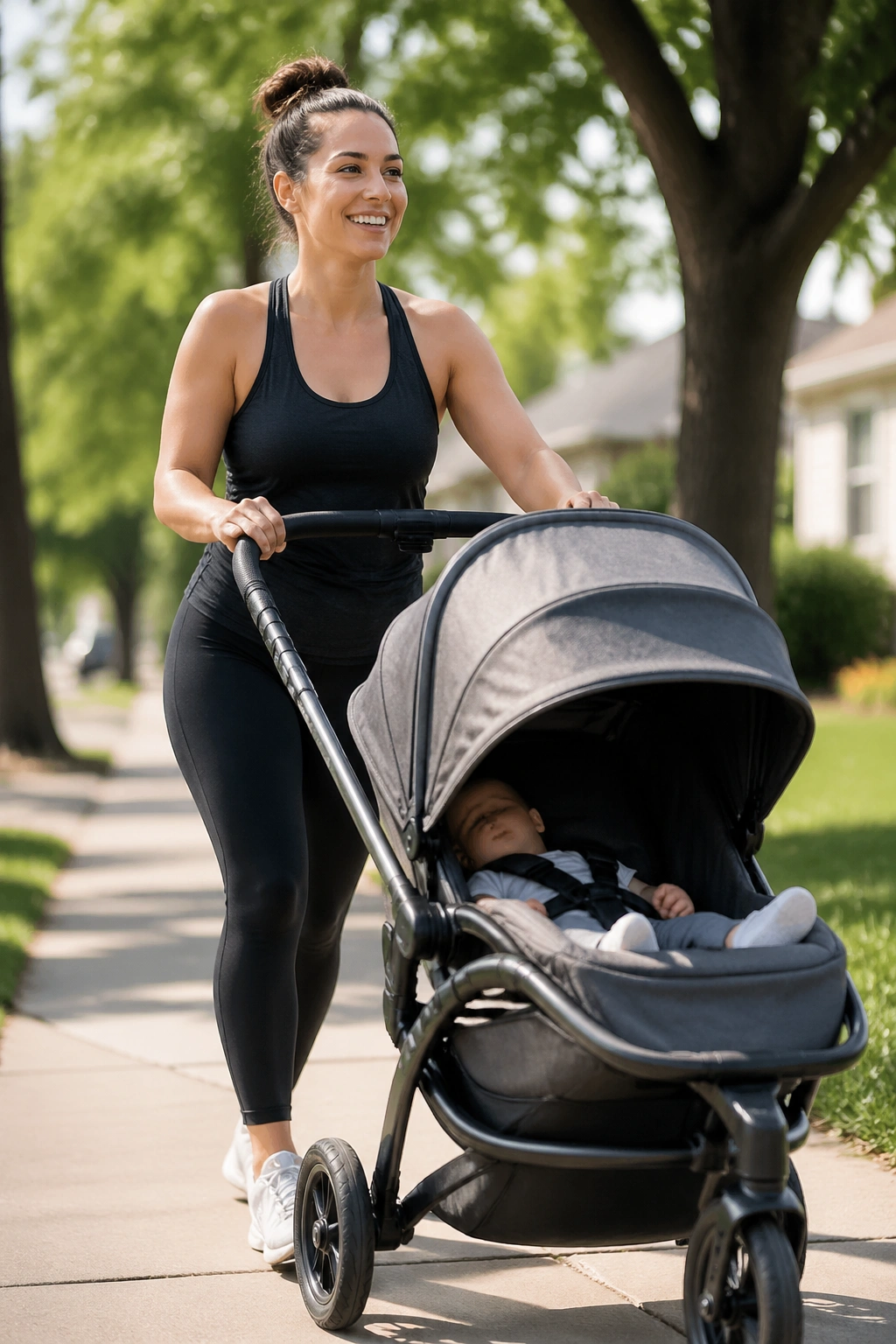 Real mom pushing a stroller during a brisk walk on a sunny sidewalk, postpartum fitness