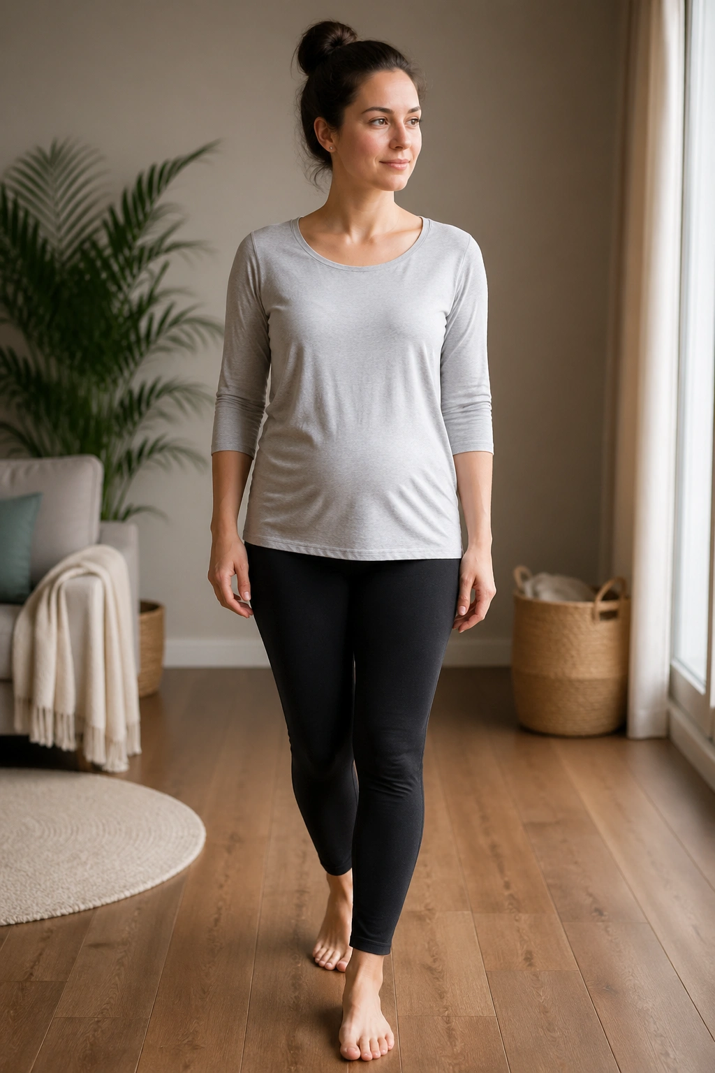 Postpartum woman walking at home focusing on healing and gradual activity