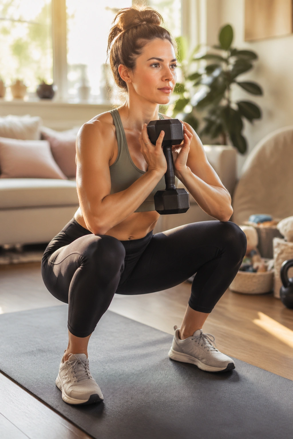Postpartum mom performing a goblet squat at home during a feeding-friendly workout