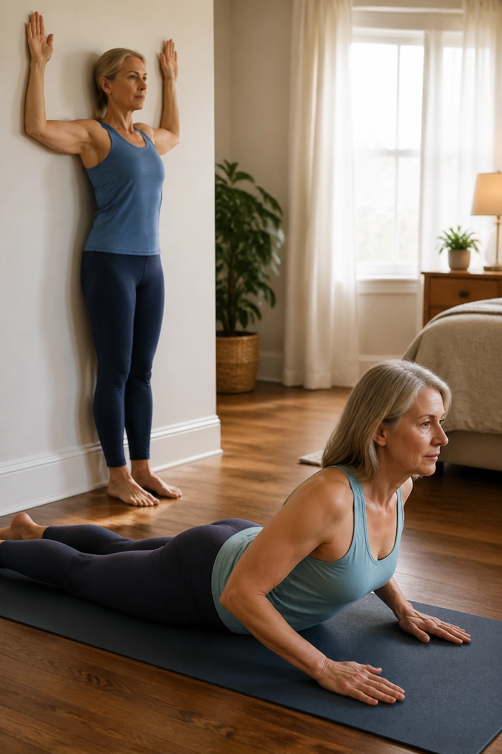 Woman over 50 performing wall slides and swan prep for posture reset in a home setting