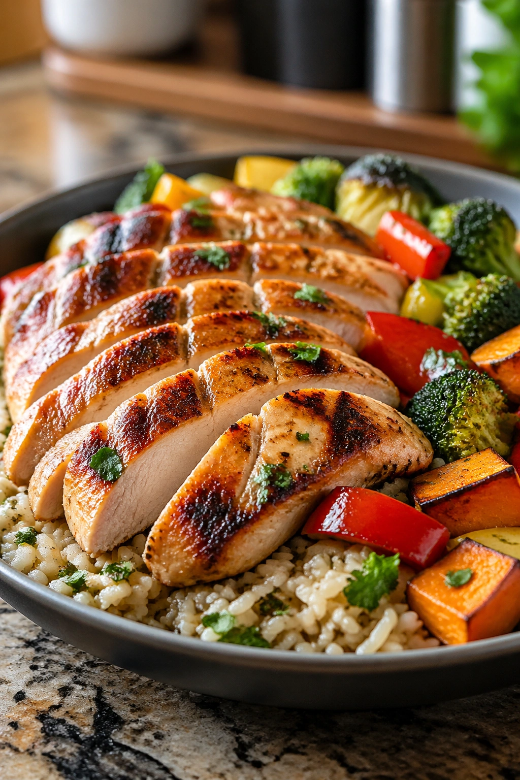 Close-up of a post-workout chicken plate with chicken, rice, and vegetables on a kitchen counter