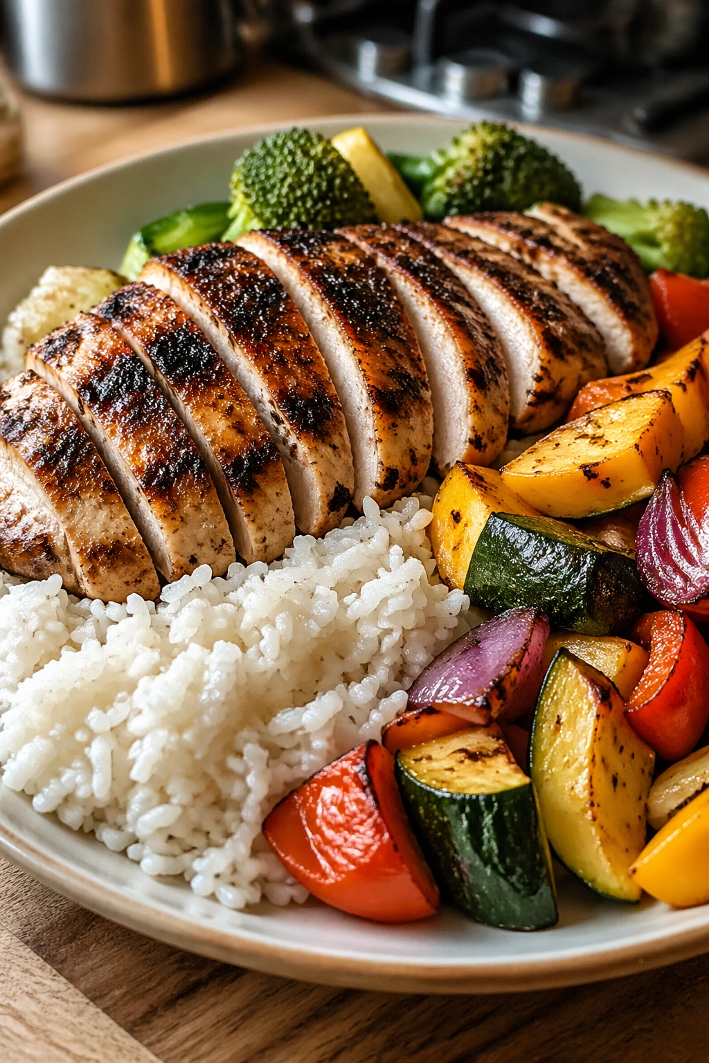 Close-up of a balanced post-workout meal featuring chicken, rice, and roasted vegetables