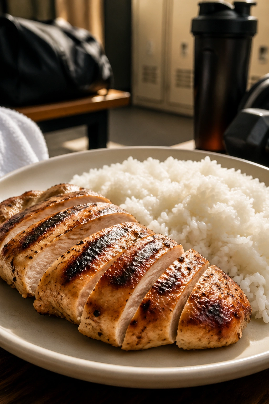 Close-up plate of post-workout foods showing protein and carbs for muscle gain