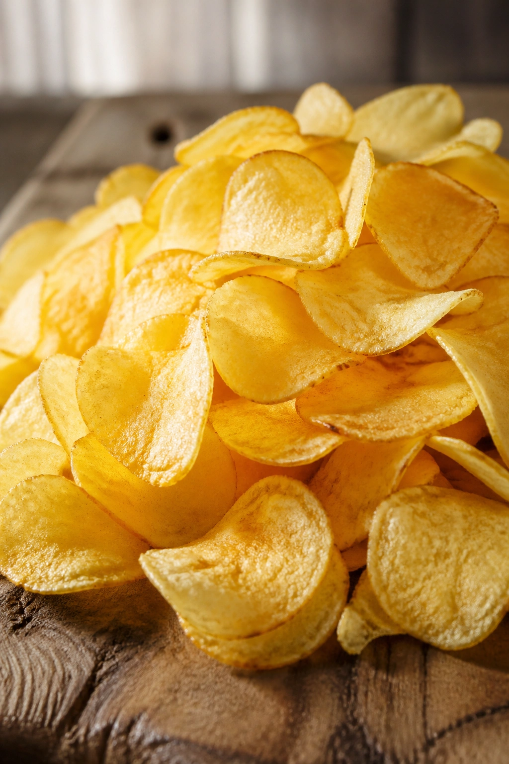 Close-up of a mound of golden potato chips on a rustic wooden surface under natural light