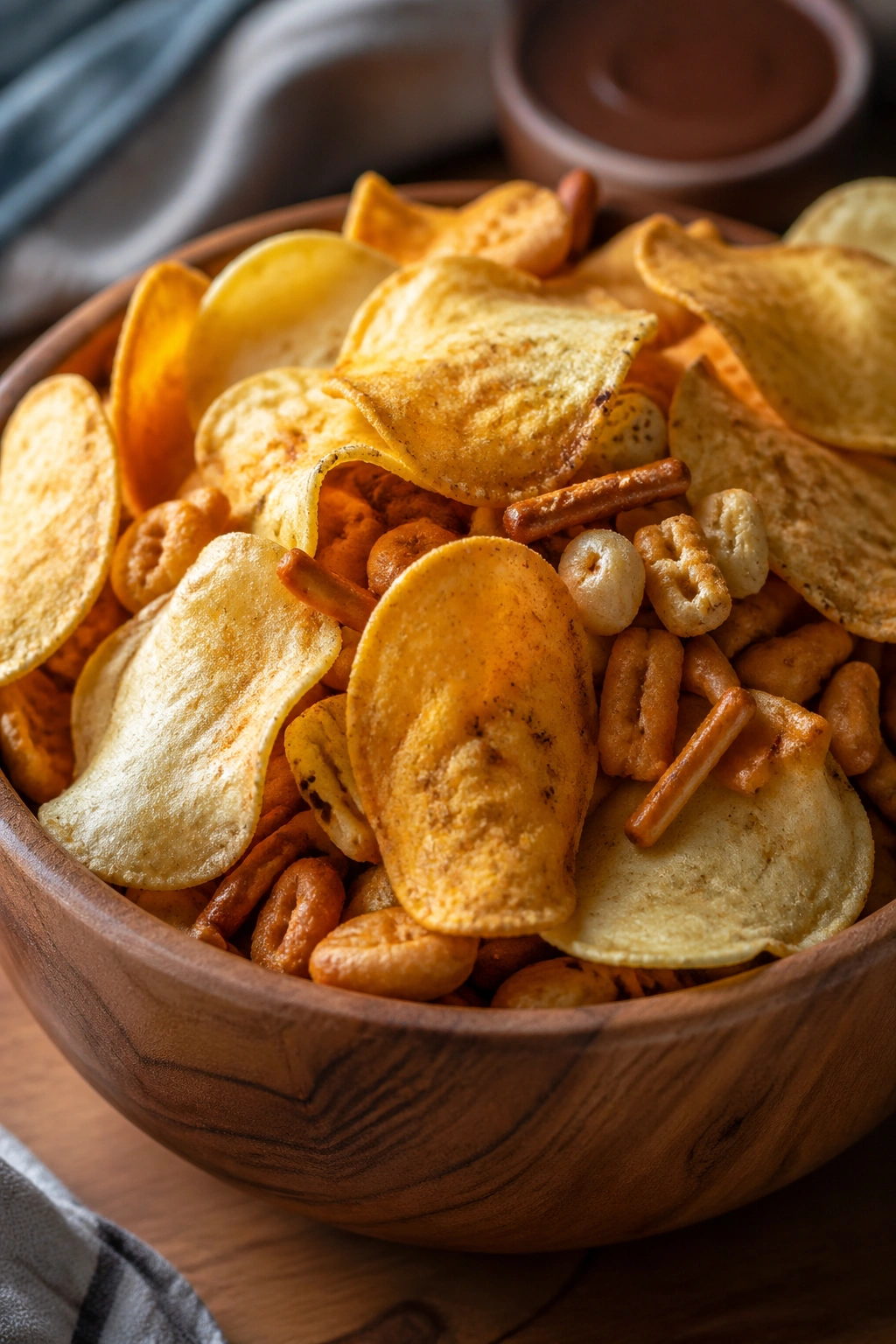 Close-up of assorted chips in a bowl on a kitchen counter.