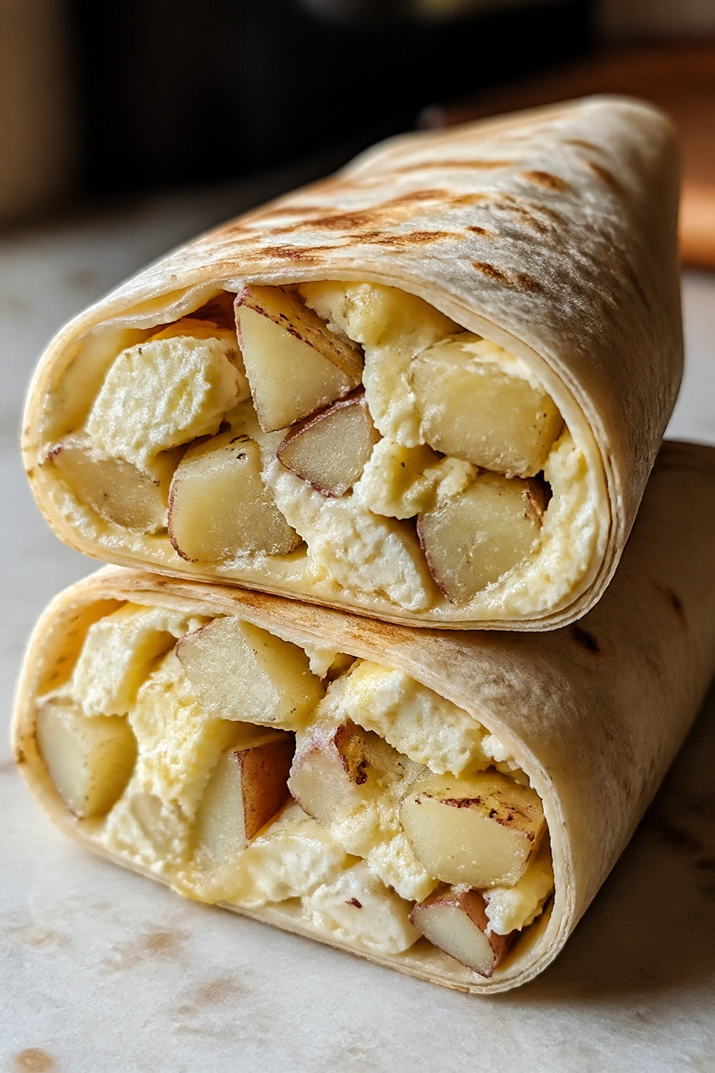 Close-up of a mini potato and egg white tortilla wrap on a kitchen surface.