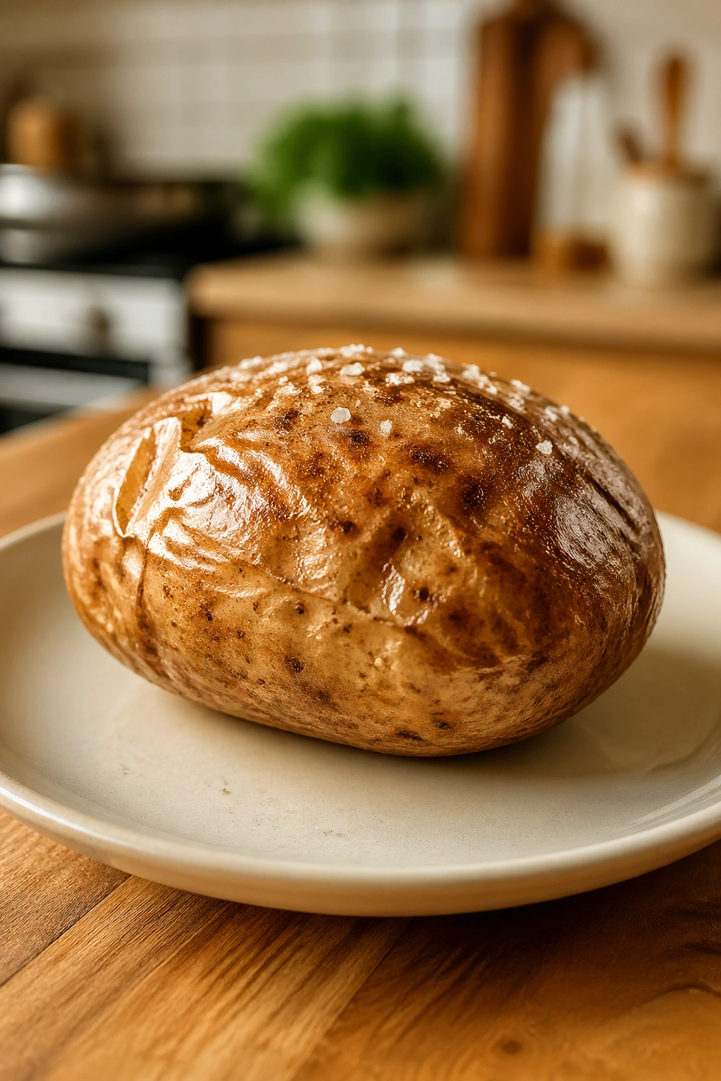 Baked potato with salt on a plate in a warm kitchen setting
