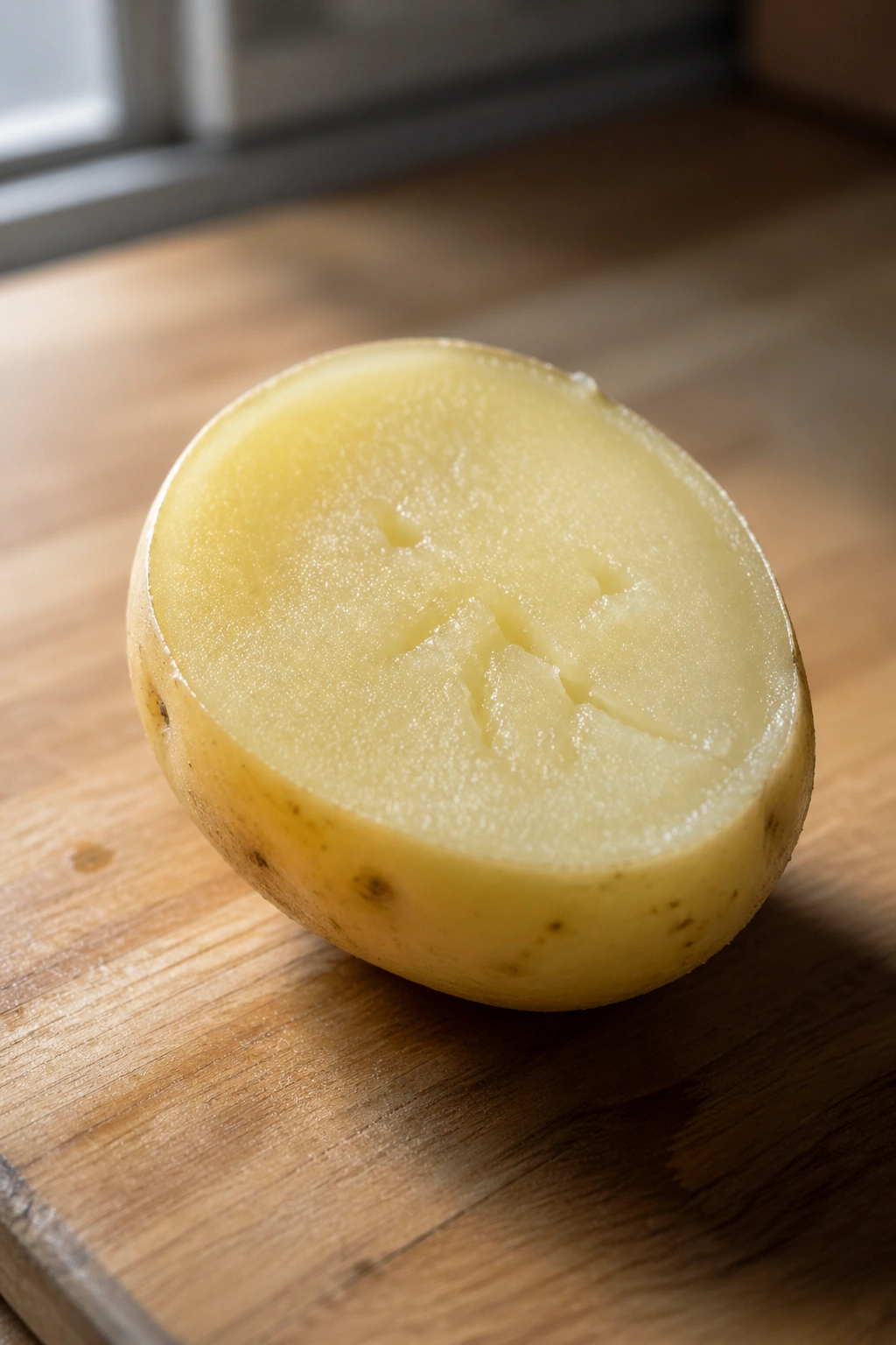 Boiled potato half on a wooden board in natural light