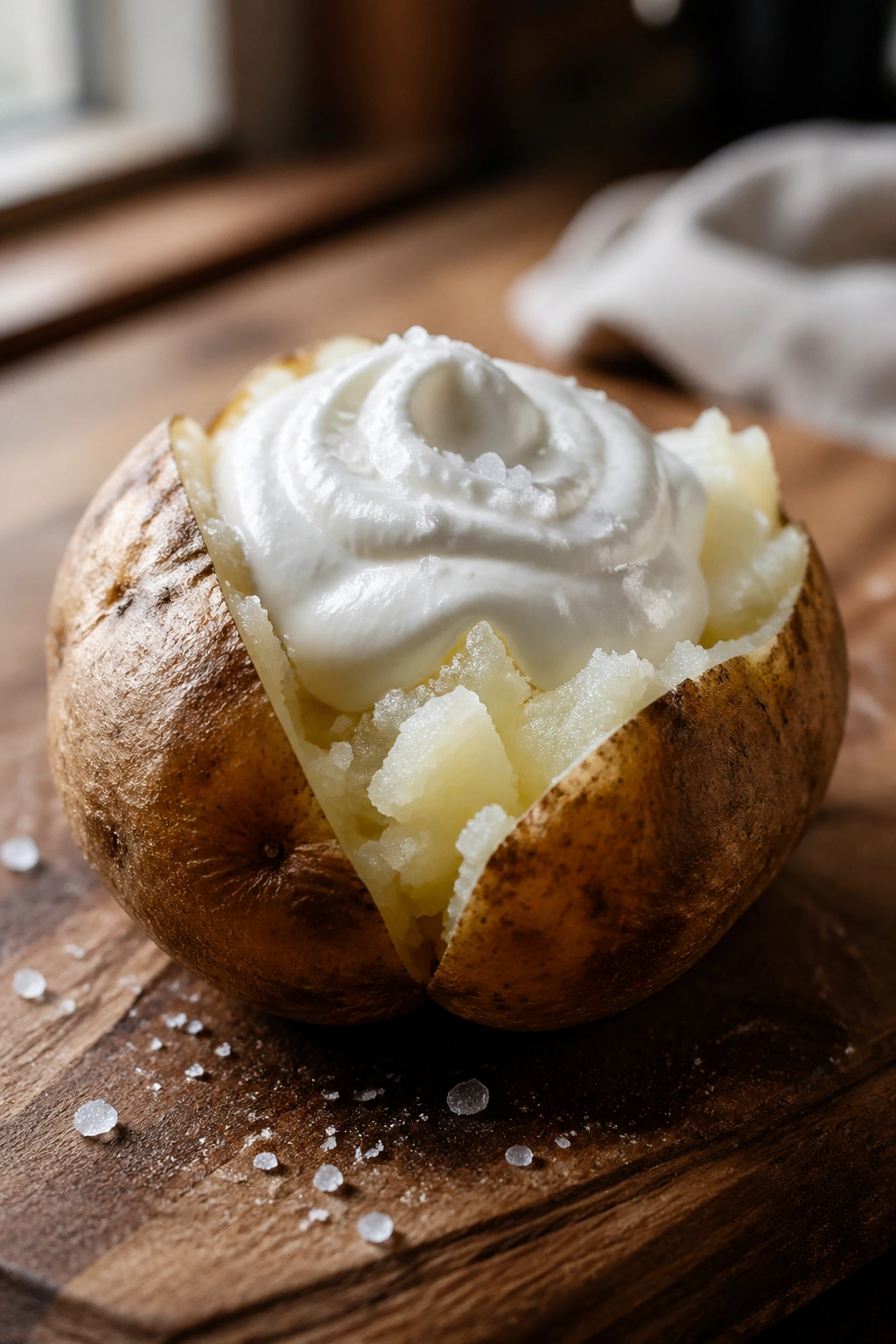 Close-up of a salted baked potato topped with Greek yogurt in a cozy kitchen