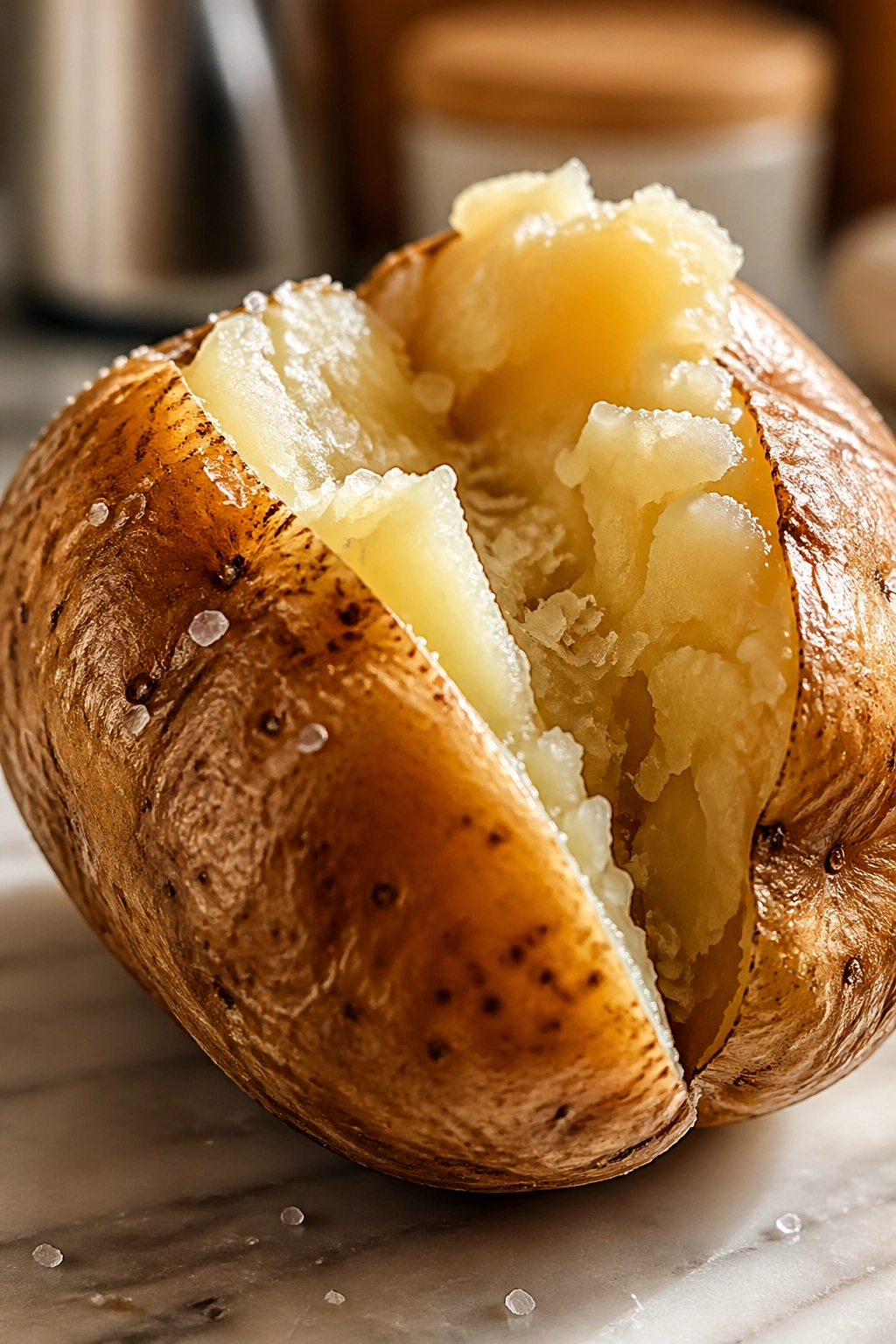 Baked potato split open with fluffy interior on a kitchen counter.