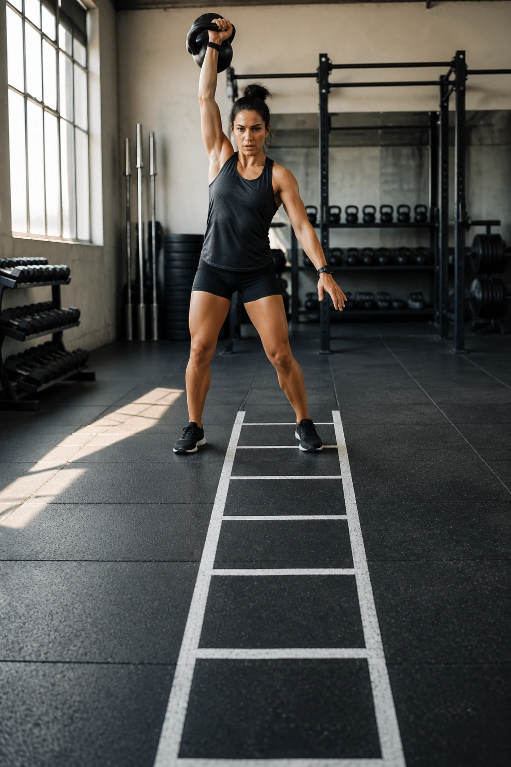 Lifter performing ladder-style kettlebell circuit in gym