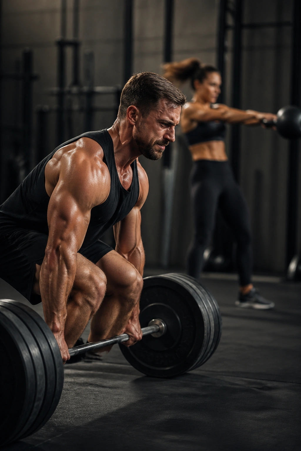 Athlete performing heavy lift with explosive movement in gym