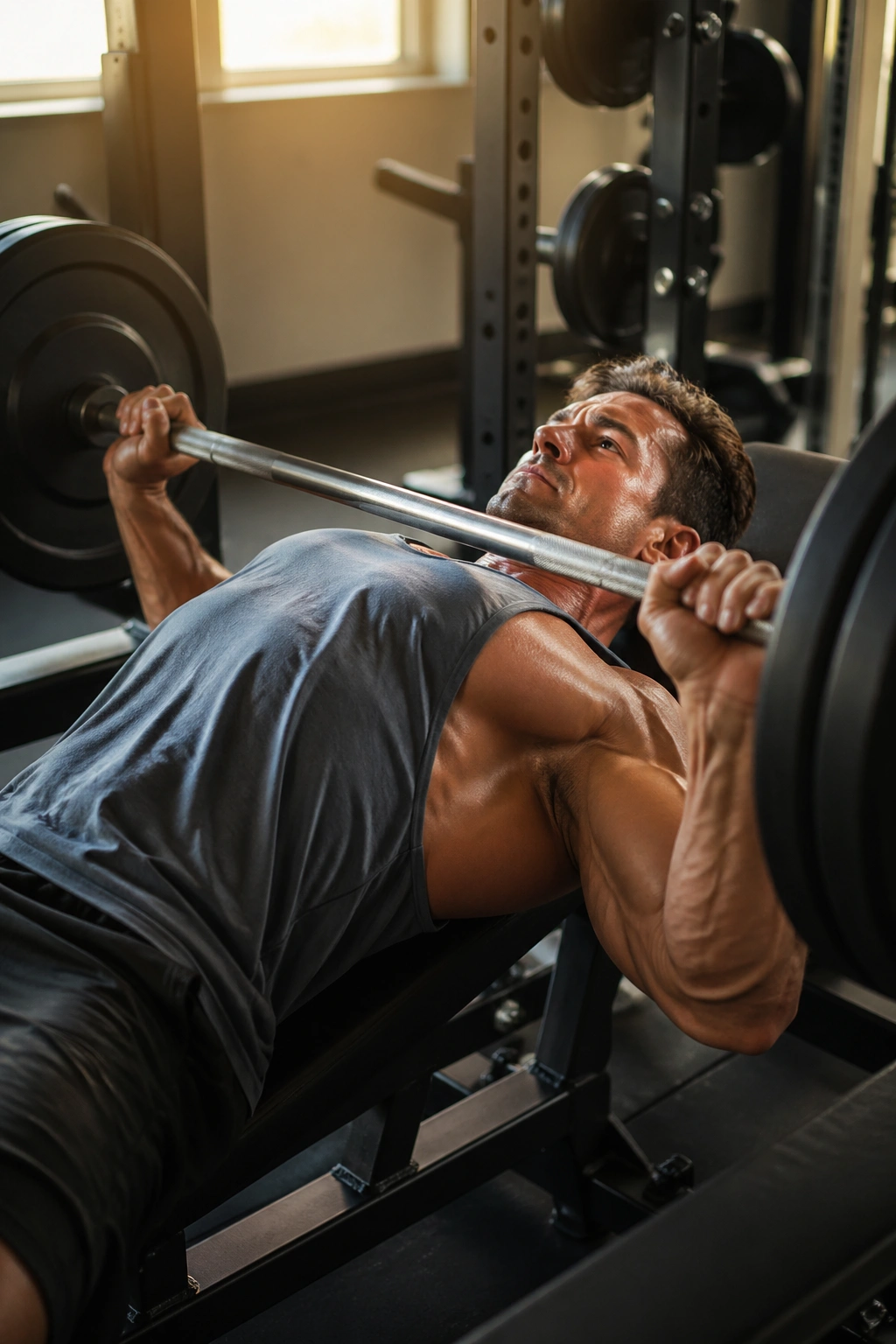 Lifter performing bench press top set in gym for Four-Day Powerbuilding
