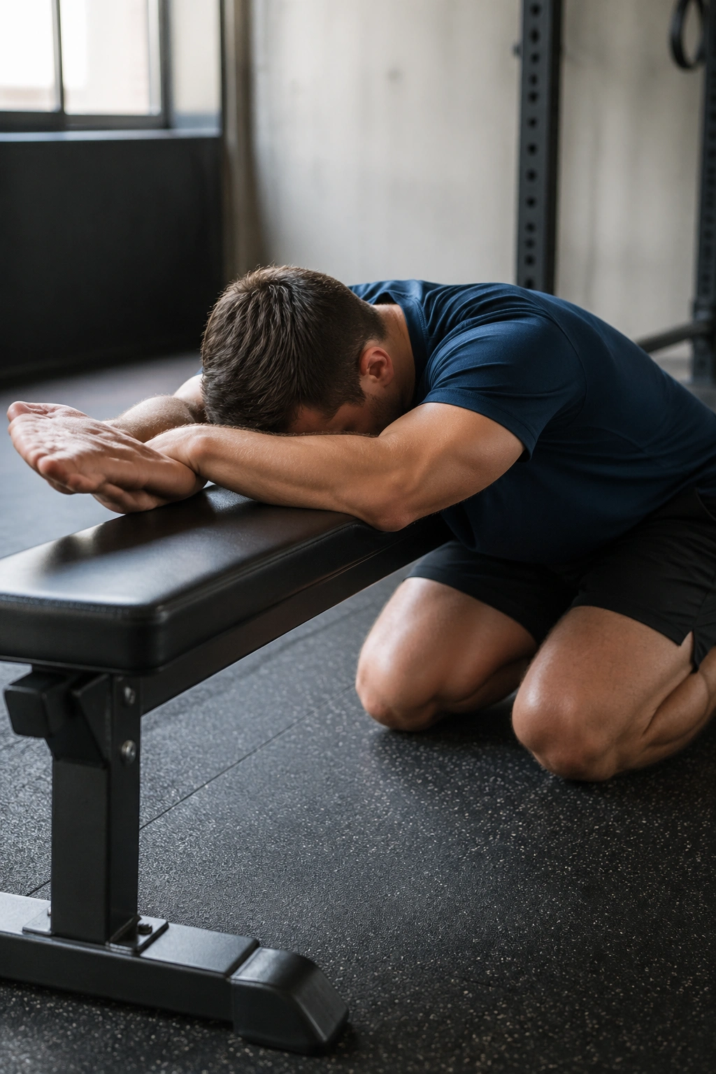 Medium shot of a person doing Prayer Stretch on a bench in a gym.