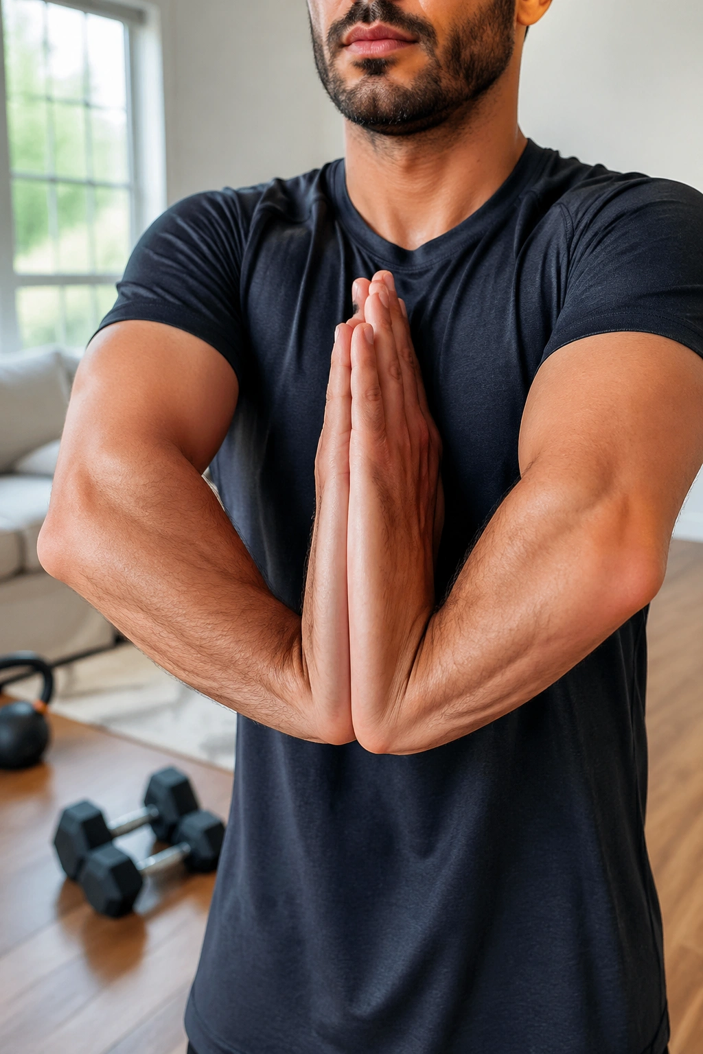 Close-up of prayer stretch showing forearms and wrists being stretched