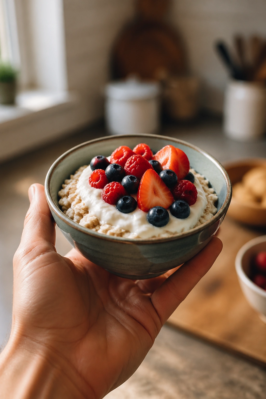 Hand holding bowl of pre-workout foods ready to fuel training in kitchen
