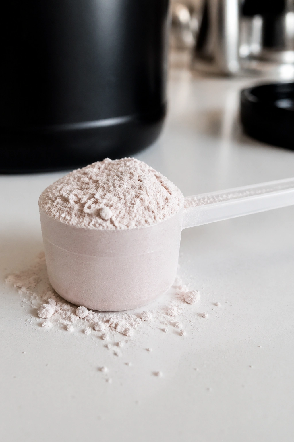 Small scoop of pre-workout powder on a clean surface