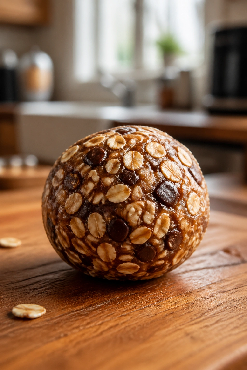 Close-up of a single pre-workout protein ball on a wooden countertop with warm natural light