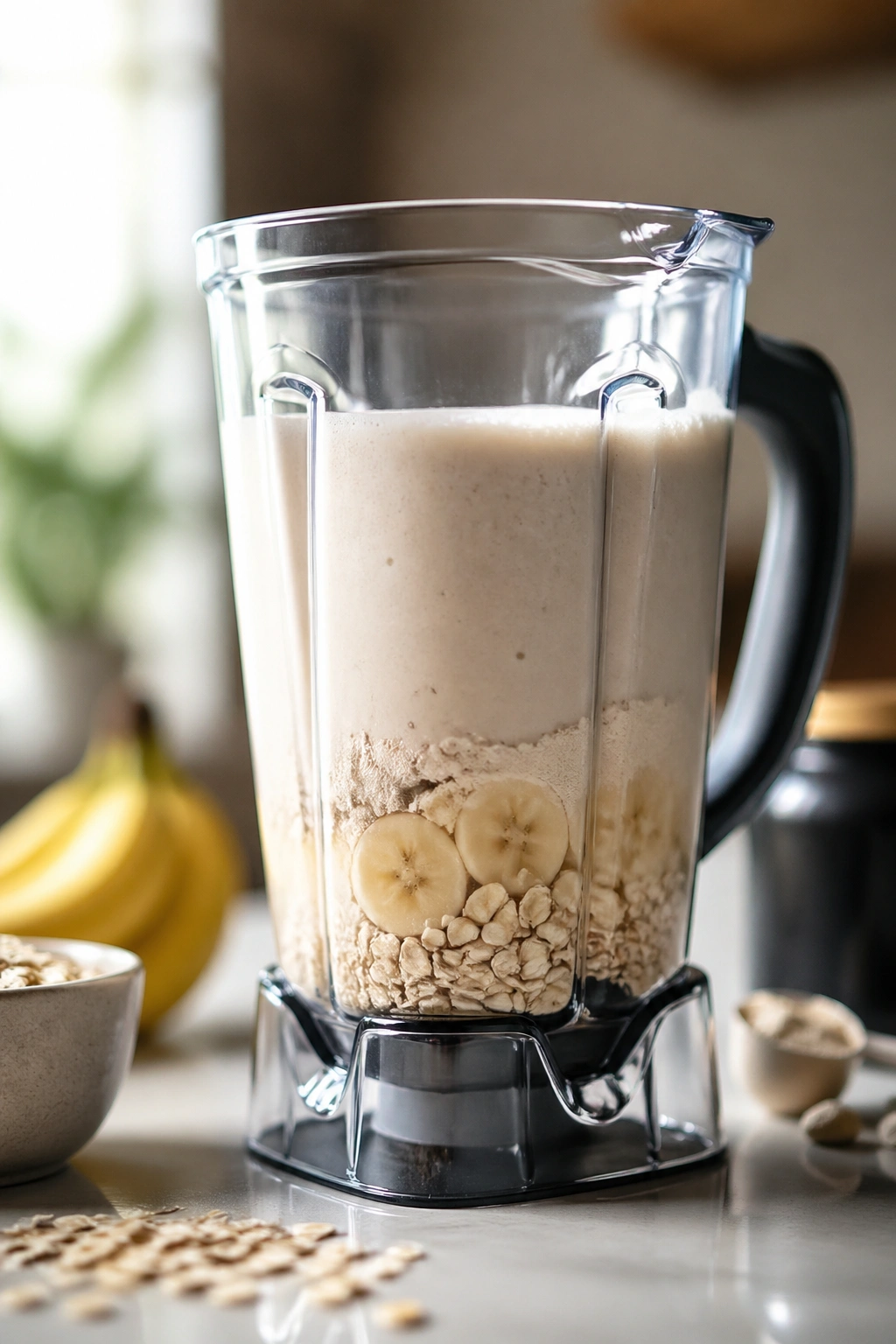 Close-up of a light-colored pre-workout shake in a blender on a kitchen counter