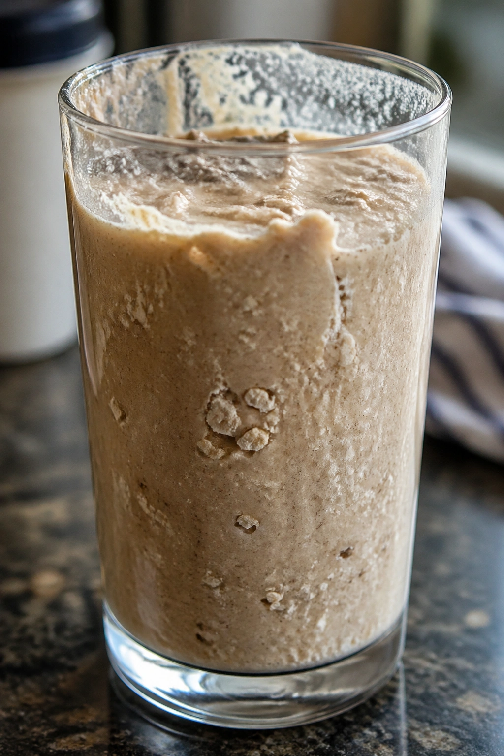 Close-up of a poorly mixed pre-workout shake in a glass