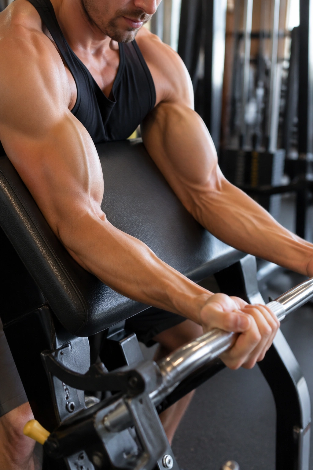 Close-up of preacher curl on a real person with upper arm supported by the bench