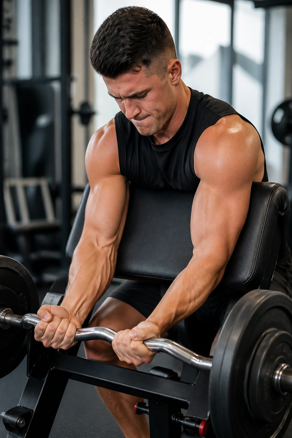 Portrait of a person performing preacher curls with strict elbow control