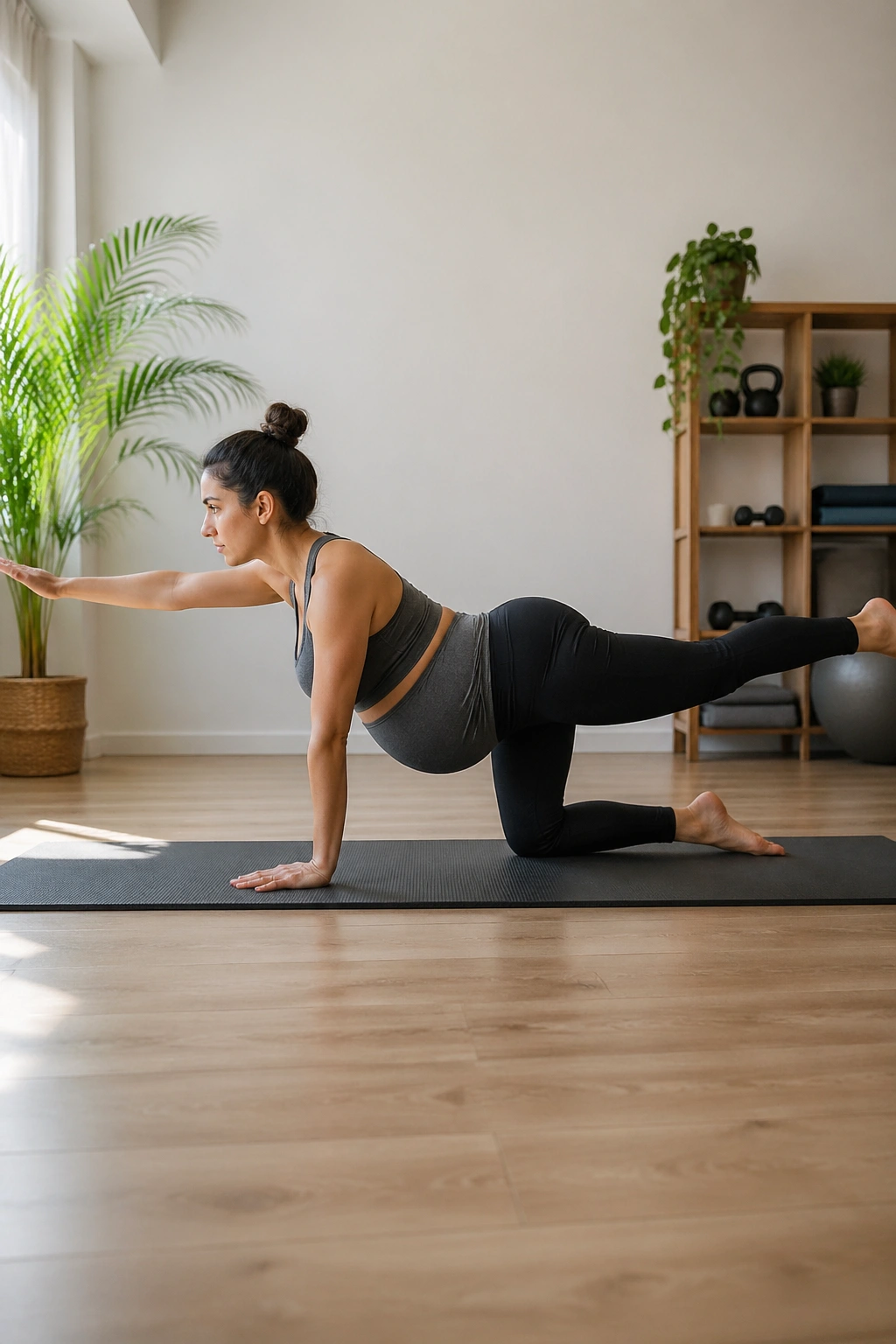 Pregnant woman performing bird-dog core exercise without crunches