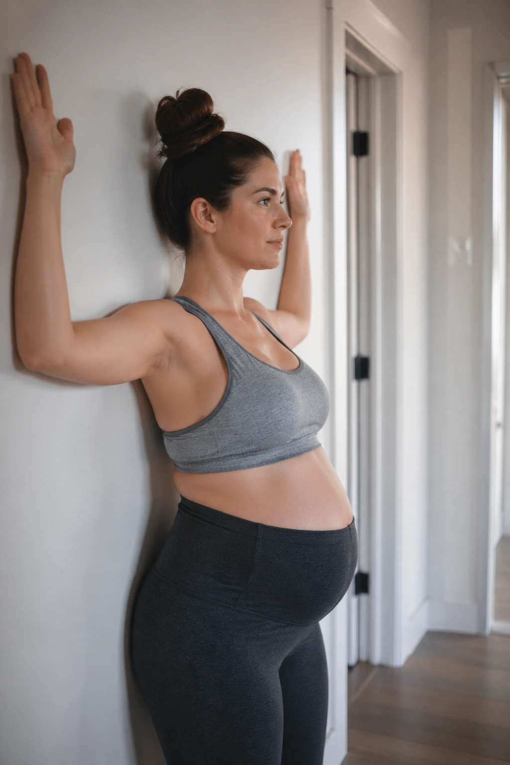 Pregnant woman doing wall angels to improve posture in hallway