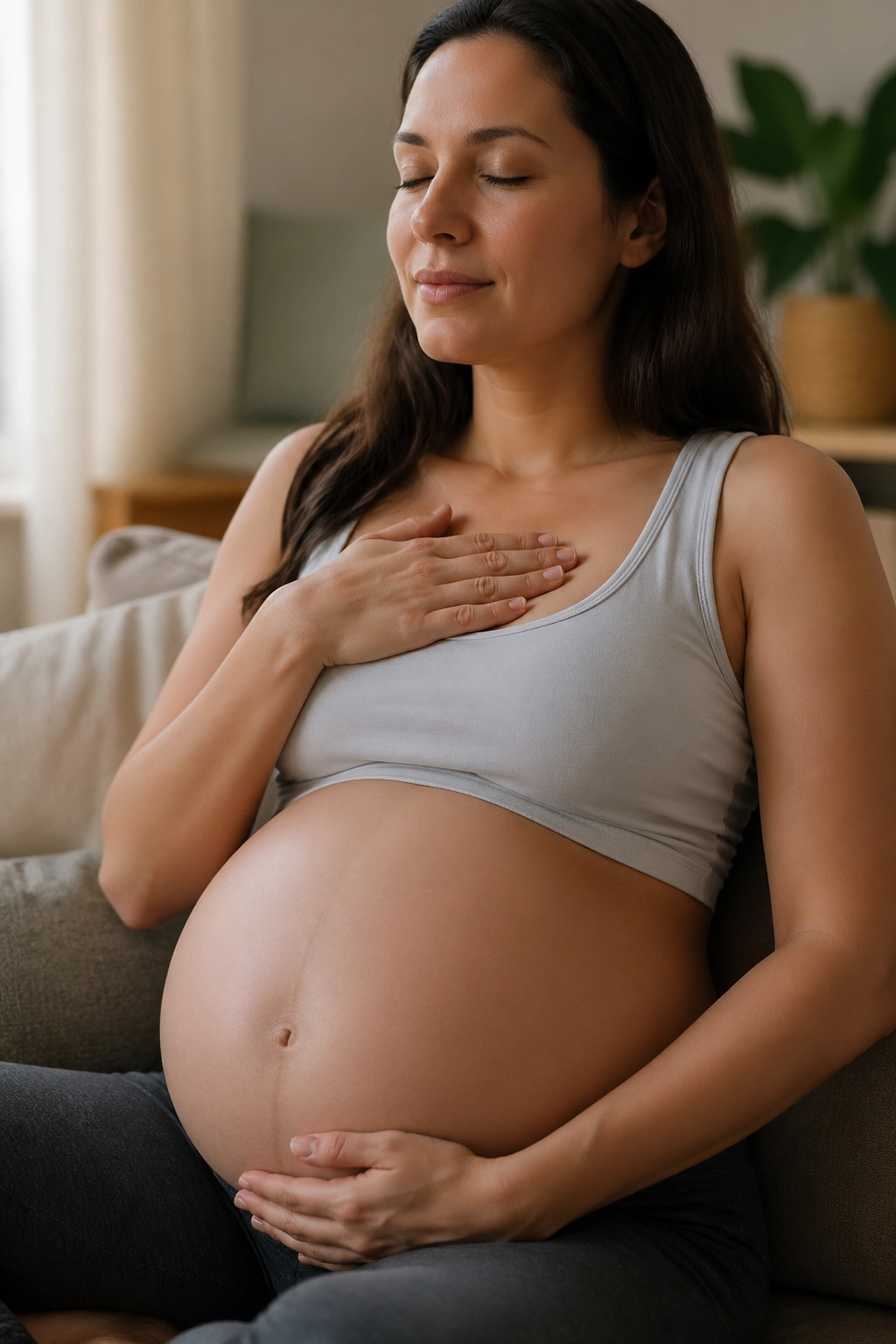Pregnant woman performing breathing exercise to avoid abdominal pressure