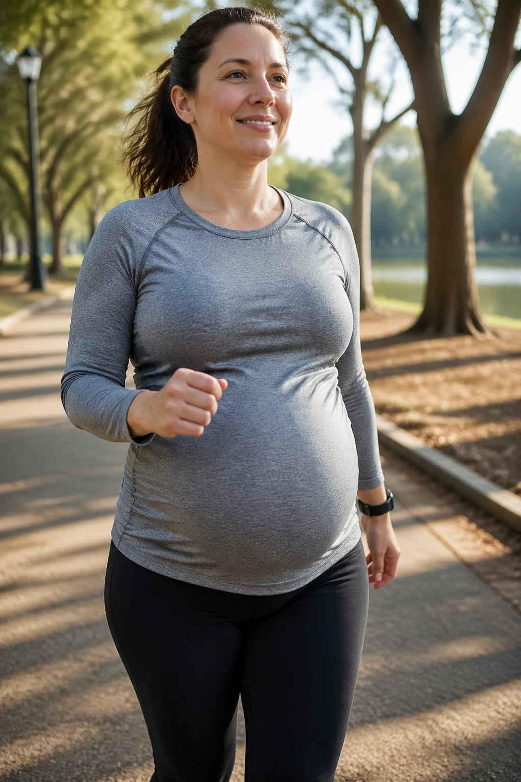Medium close-up of a pregnant woman walking outdoors during a ten-minute walking burst