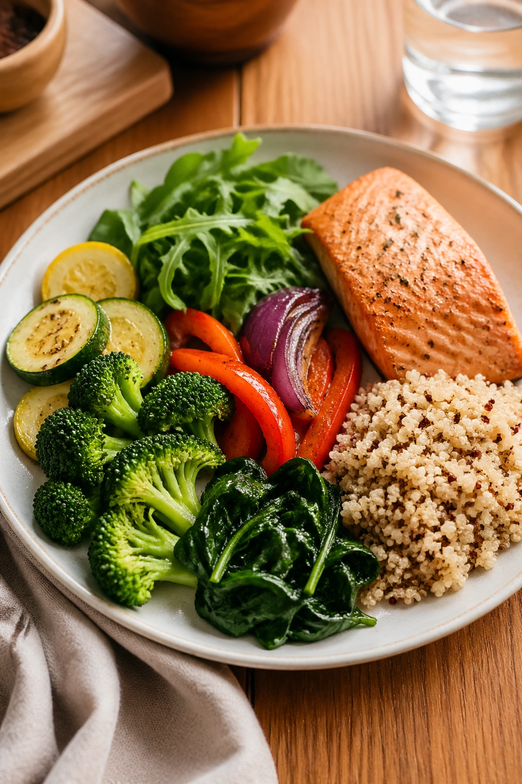 Balanced plate with vegetables, protein, and grains in a kitchen.