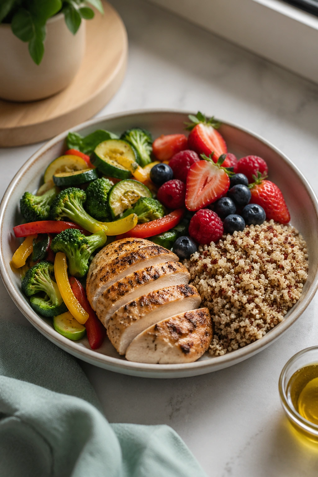 Second plate balancing vegetables, protein, and grains for steady energy.