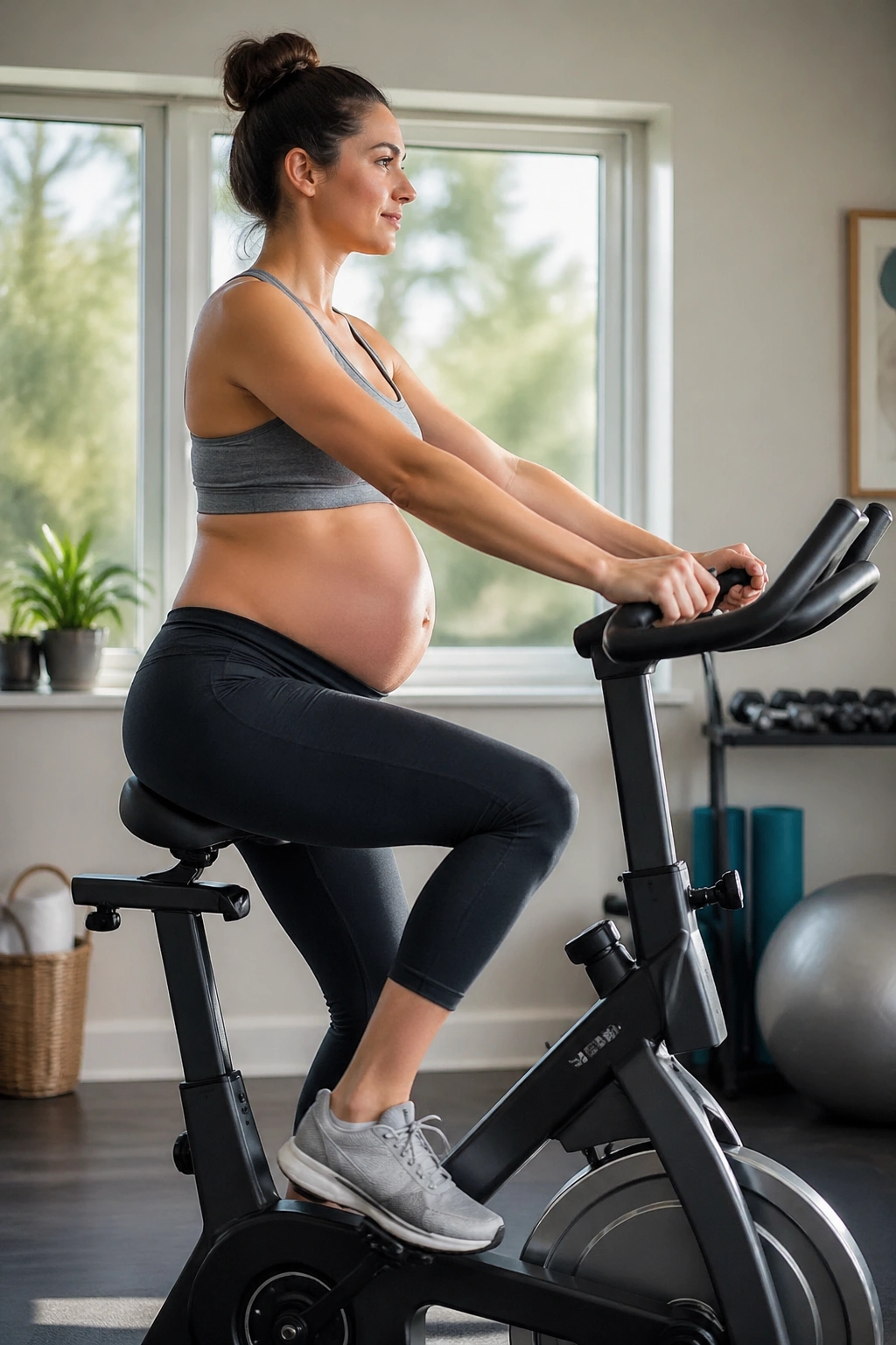 Pregnant woman on stationary bike exercising gently.