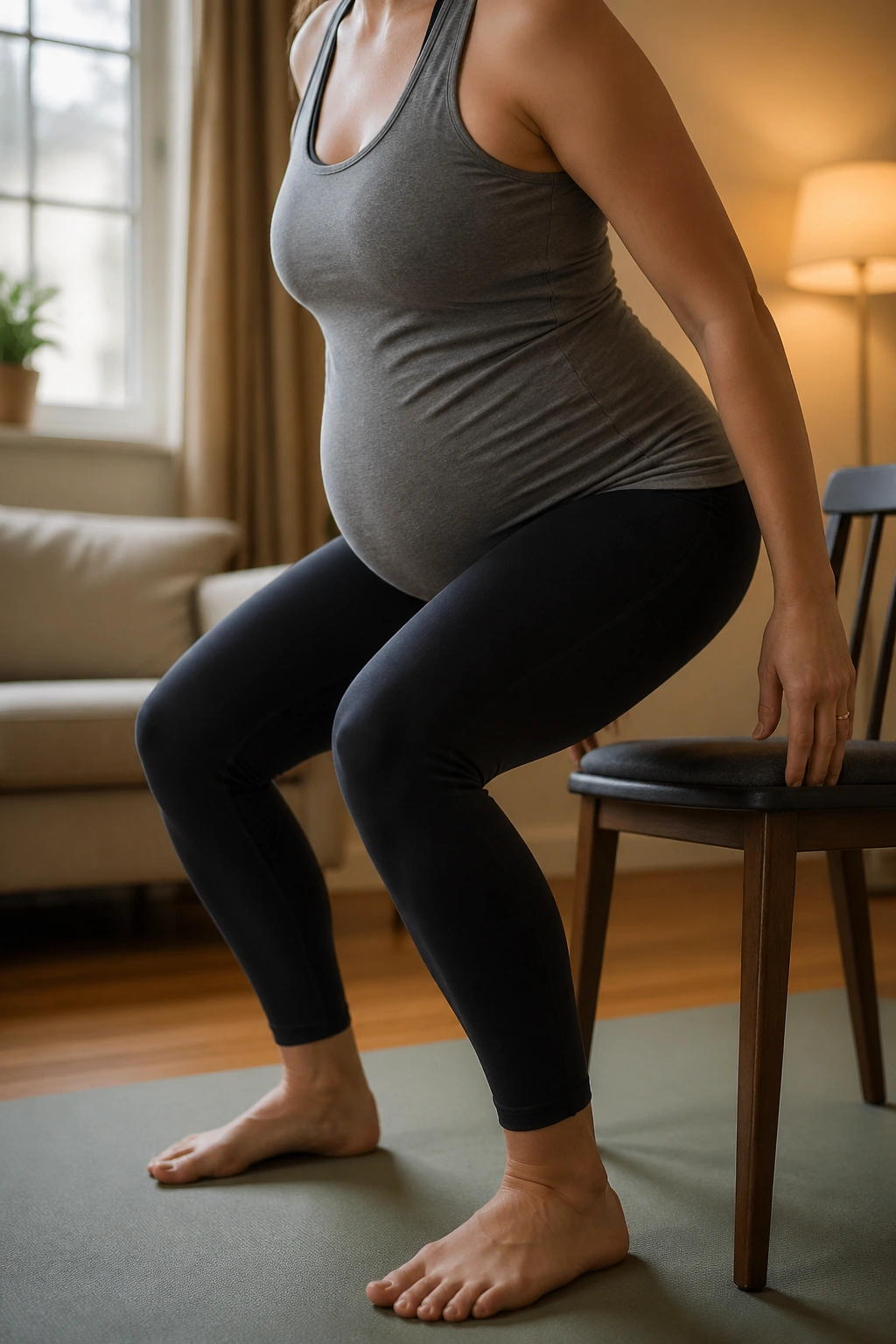 Close-up of a pregnant woman performing a chair squat from a sturdy chair in a sunlit living room