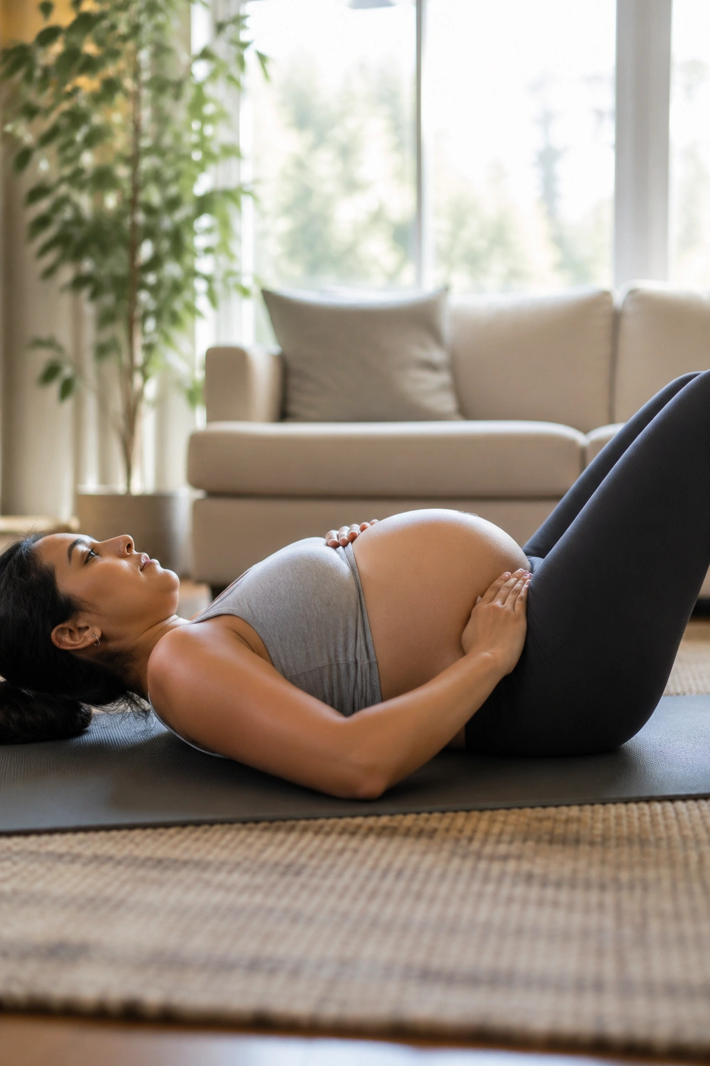Close-up of pregnant woman performing safe prenatal core exercise focusing on stability